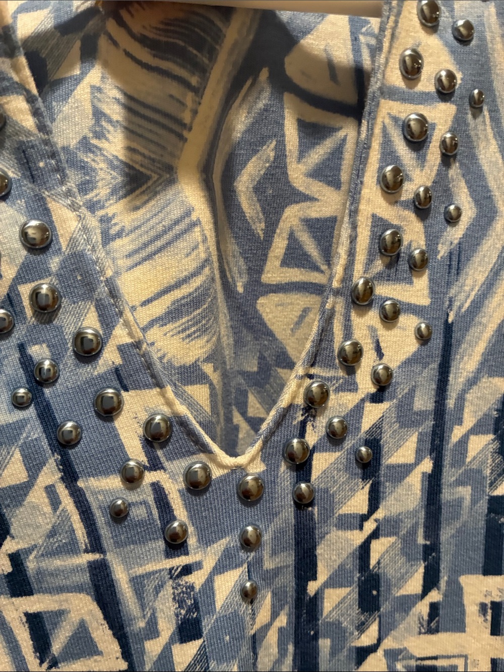 Ruby Rd. Blue & White Geometric V-Neck Studded Tunic - Picture 5 of 7